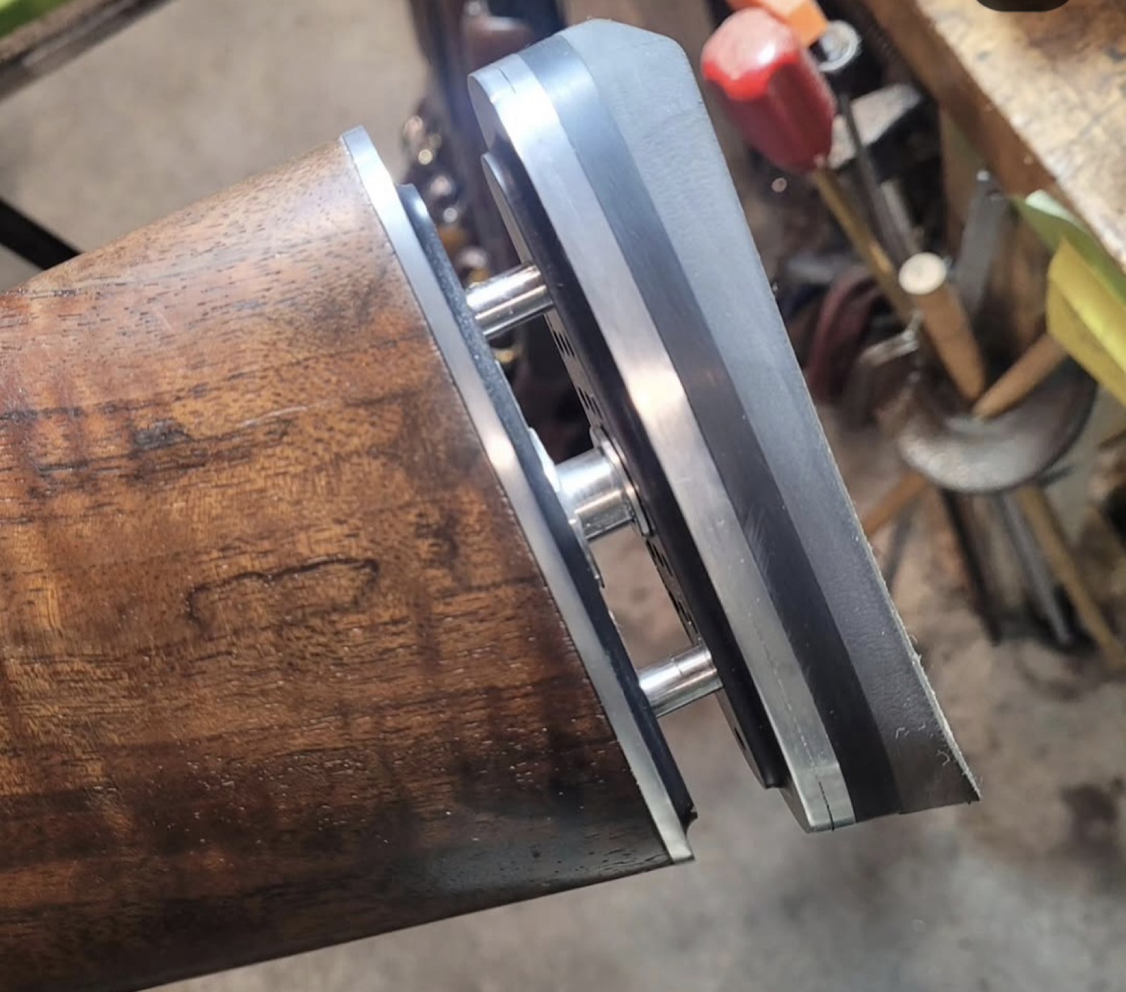 Checkering being cut in the jig